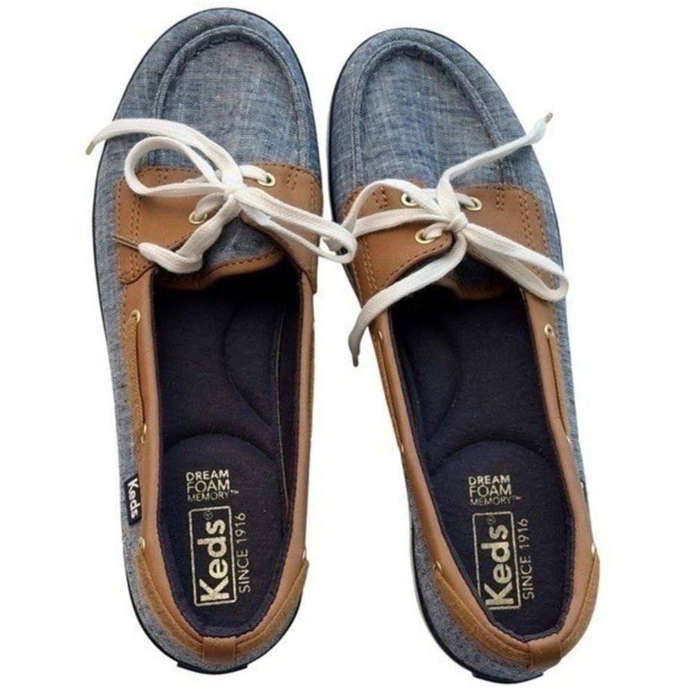 Keds Boat Shoes Blue Chambray Beige Trim Dream Foam Nautical Coastal Preppy Sz 8